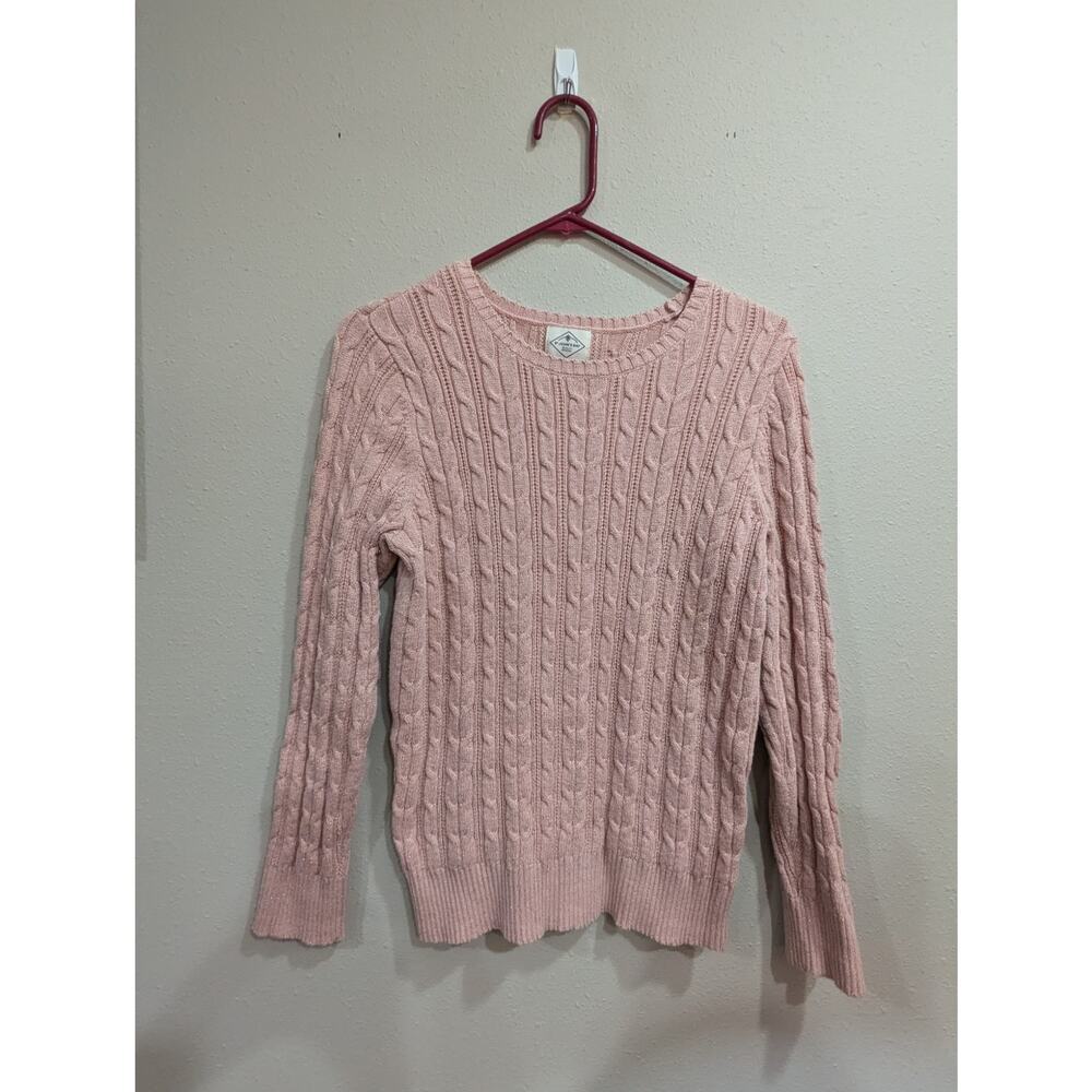 Women's crew neck cotton blend fisherman's style cable knit pink sweater, PL